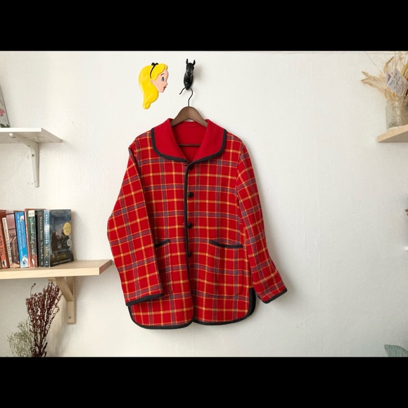 SOLD Red Wool Plaid Vintage Coat - Picture 2 of 4